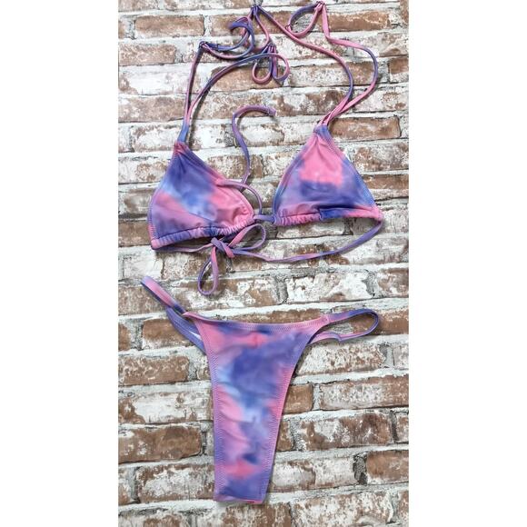 Women's High Cut Thong Bikini 2Pc Bathing Suit Small Dye Multicolor Summer Beach - Picture 1 of 6